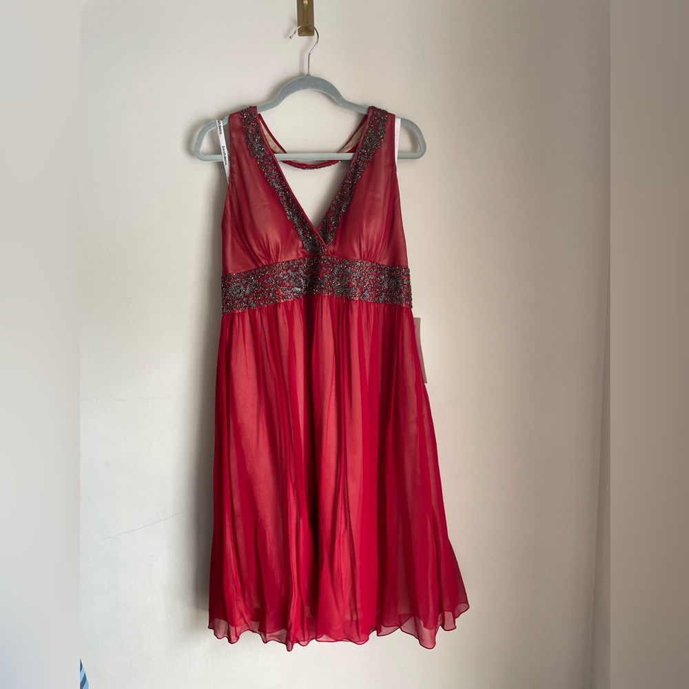 David’s bridal red silk chiffon halter dress size 18 with beading